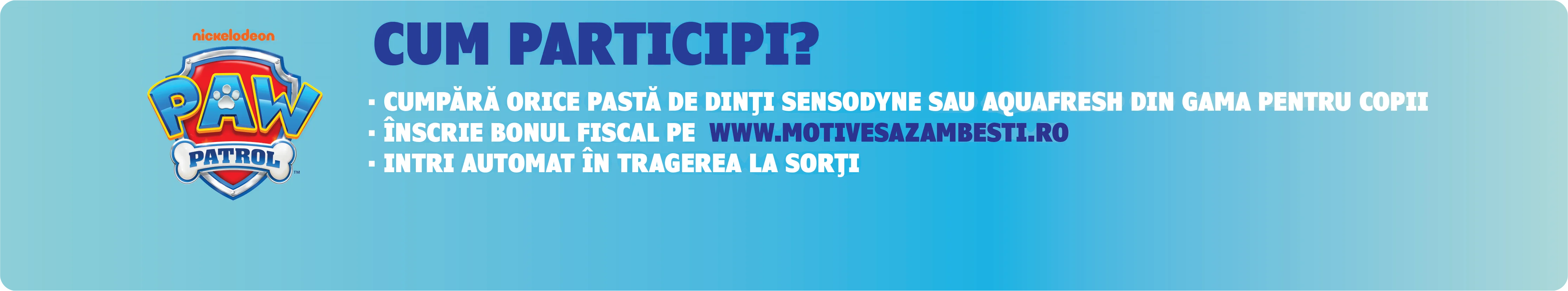 Cum participi? Cumpără orice pastă de dinți Sensodyne sau Aquafresh din gama pentru copii. Înscrie bonul fiscal pe www.motivesazambesti.ro. Intri automat în tragerea la sorți.